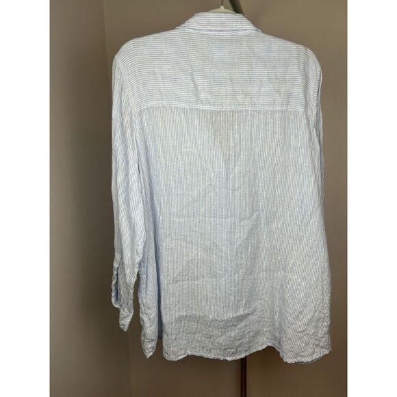 Sigrid Olsen Linen Cotton Long Roll Tab Sleeve Button Down Shirt Blue Striped 2X - Picture 2 of 4